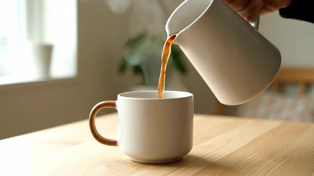 Coffee pouring into a white ceramic mug with wooden handle