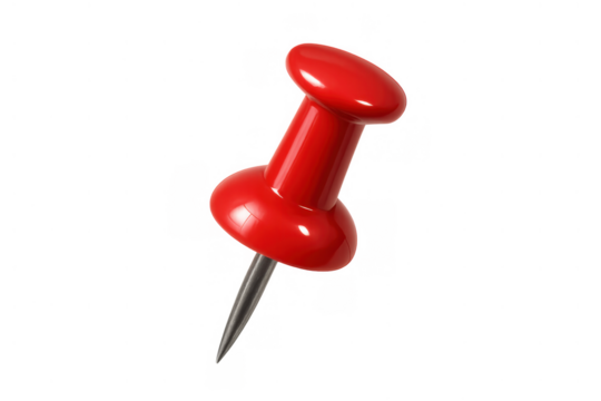 Red pushpin creating a marker or reminder for important notices and documents, isolated on a transparent background