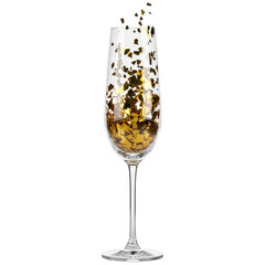 Elegant champagne flute filled with sparkling gold glitter for festive celebrations