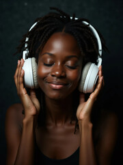 Happy Woman Listening to Music with Headphones on Dark Background