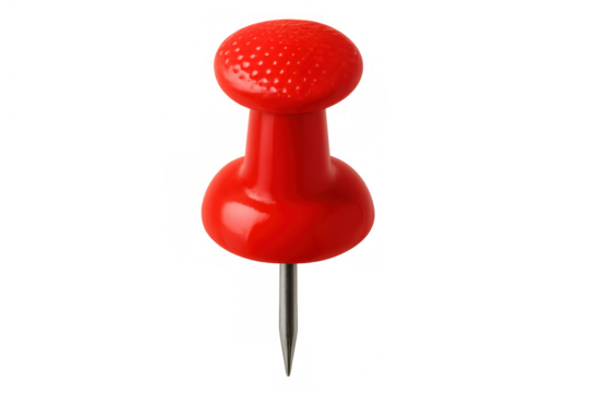 Red thumb tack pushing a sharp metal pin, attaching a note or memo, isolated on transparent background