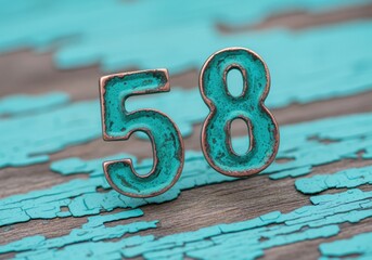 Textured number 58 in turquoise patina on rustic peeling painted wood surface