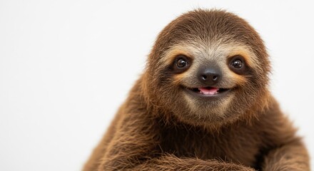 Naklejka premium Joyful baby sloth beams sweetly with an infectious smile captured brightly against a pristine white studio background. AI Generated