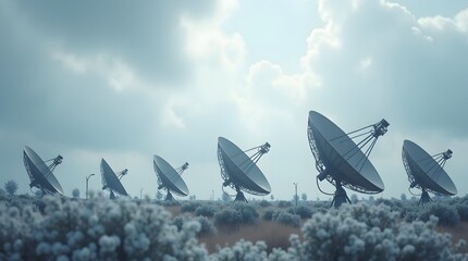 Satellite dishes array for global communication, technology innovation and scientific research under dramatic sky with modern appeal