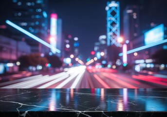 Polished black marble product display surface reflecting blurred neon night city light trails