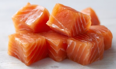The salmon pieces are glossy, moist, and vibrant orange with visible marbling and smooth texture