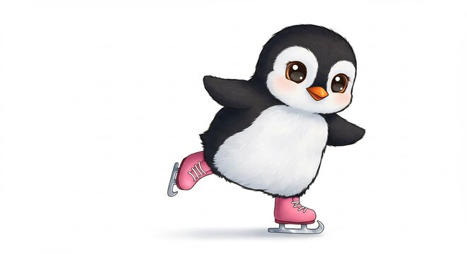Playful animated penguin happily ice skates in cute pink boots against a clean white background bright cheerful children art. AI Generated