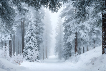 Tranquil winter landscape with snow-covered pine trees along a serene pathway