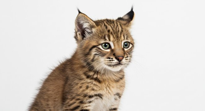 Adorable bobcat kitten with bright inquisitive eyes captured perfectly in crisp studio lighting on a pure white background. AI Generated