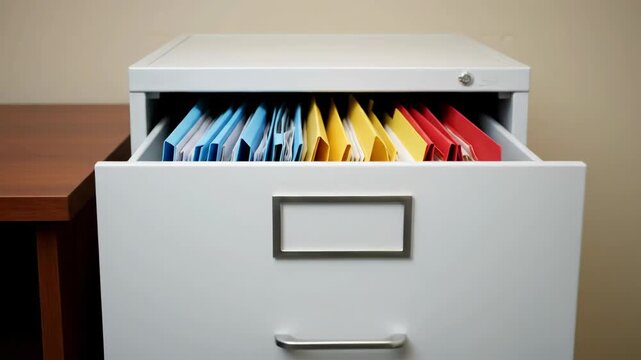 Organized Filing Cabinet with Colorful Documents for Office Use.