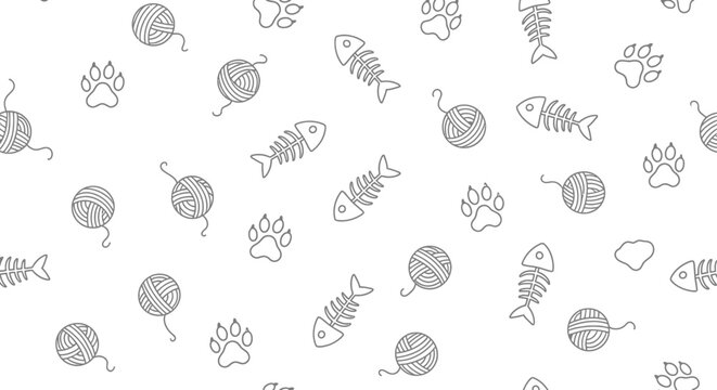 Cat Paw Prints, Yarn Balls, and Fish Bones Pattern on a White Background, Line Art