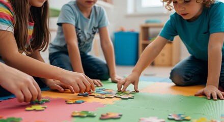 Playful children busily assembling a vibrant jigsaw puzzle on a colorful mat in a warm inviting educational setting. AI Generated