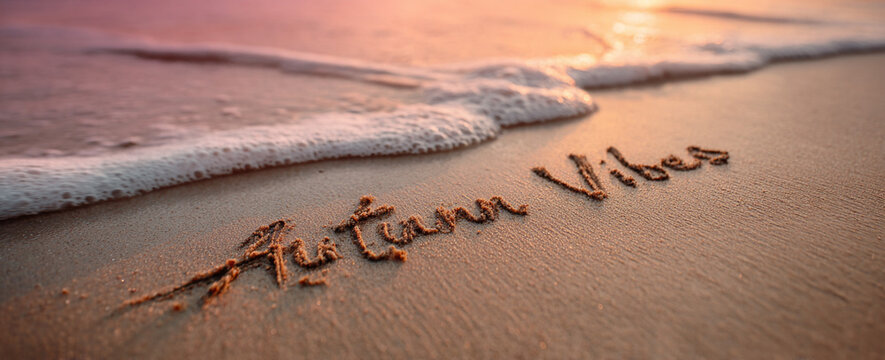 Autumn Vibes Phrase Written in Smooth Sand under Golden Sunset with Soft Reflections – perfect for fall greeting banners  
