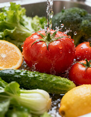 Clean fresh tomatoes, cucumbers and lettuce. Healthy fresh salad separated on a white plate.