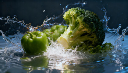 Broccoli and bell peppers splashed into clear water