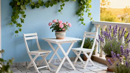 White folding table and chairs on a balcony with potted flowers and greenery against a blue wall