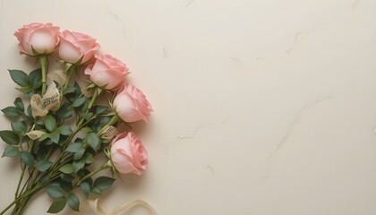 Flat lay of pink roses and lace ribbon on cream surface
