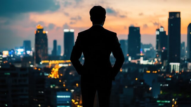 Ambitious Entrepreneur Contemplating Urban Expansion at Sunset from Skyscraper - Powered by Adobe