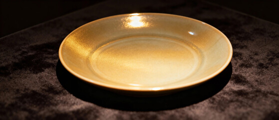 A golden ceramic plate displayed on a dark textured surface under focused lighting