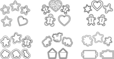 Cookie cutter collection, assorted baking shapes including star heart gingerbread animal and label outlines, vector design for kitchen and holiday decoration