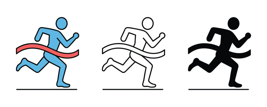 Three icon styles of a runner crossing a finish line with a ribbon, symbolizing achievement, victory, and success in a race - Powered by Adobe