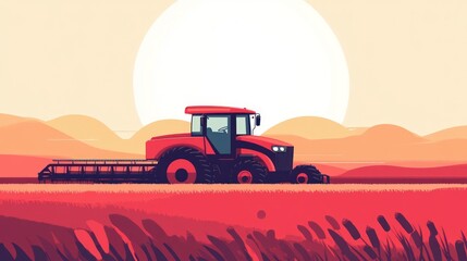 Fototapeta premium Serene Agricultural Scene: Red Tractor Working in the Fields at Sunset