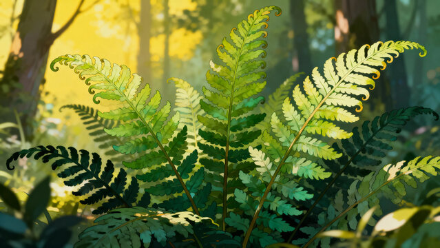 Sunlit ferns in a forest clearing with dappled light and lush green foliage