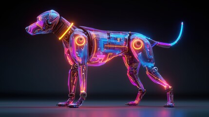 A 3D render of a futuristic robot dog, standing in profile on a dark, reflective surface. Its body is transparent, showing intricate, glowing neon circuit boards and mechanical joints