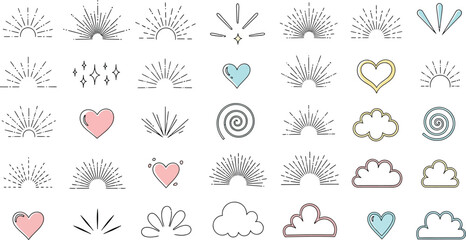 Fototapeta premium Colorful Line Art Icons Set with Hearts, Clouds, Spirals and Sun Rays Isolated