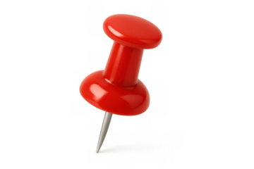 Red pushpin creating a focal point, marking importance, or highlighting a note with a sharp metal point on transparent background