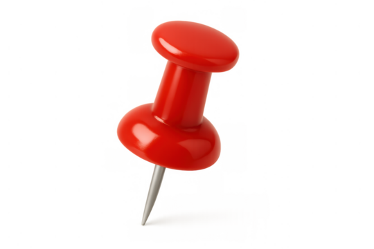 Red pushpin creating a focal point, marking importance, or highlighting a note with a sharp metal point on transparent background