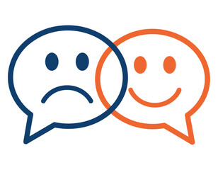 Two speech bubbles showing contrasting emotions, one sad and one happy
