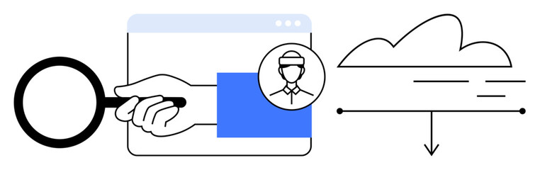 Magnifying glass over browser window, user avatar, cloud with arrow. Ideal for digital identity, data management, cloud services, networking, user analysis, cybersecurity simple flat metaphor