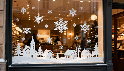 Christmas stickers decorate the storefront display in the city, illuminated with festive decorations and joy.