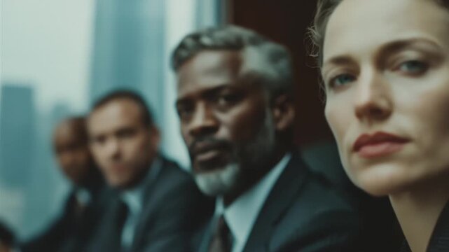 A diverse team of executives in a serious boardroom meeting, symbolizes shared focus, professional intensity, and the high-stakes nature of corporate decision-making.