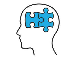 Silhouette of a human head with blue puzzle pieces forming the brain, representing thought or problem solving