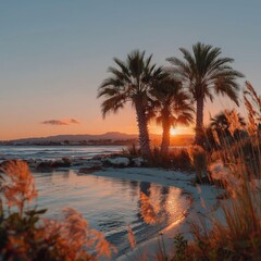 A serene beachside scene with palm trees at sunset, glowing orange light reflecting on gentle waves and shore.