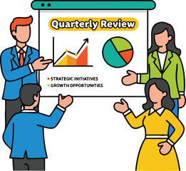 Four Diverse Professionals In A Meeting Presenting Quarterly Review With Charts And Pie Graph On Screen