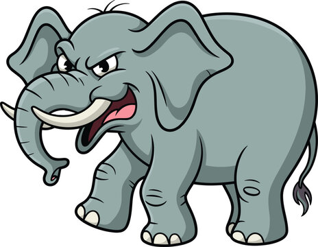Cartoon angry elephant, gray body, raised trunk, sharp tusks, aggressive face, jungle theme, vector illustration, digital artwork, wild animal