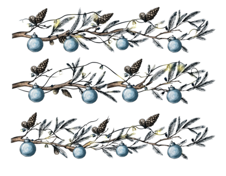 Christmas Branches Border with Christmas Decorations on Transparent Background png