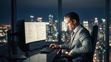 Focused businessman in a modern office working late at night on his computer with city skyline illuminated in the background - Powered by Adobe