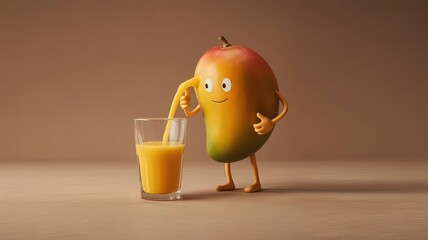Funny mango with Legs Pouring Fresh Juice into Glass on Brown Background.  made with generative Ai
