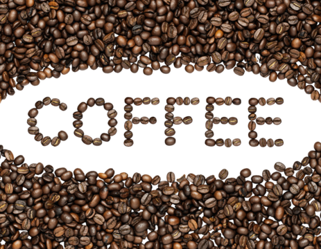  Coffee word written with coffee beans on transparent background png