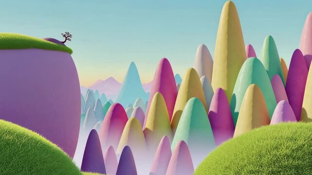 Whimsical Wonderland Landscape with a Lone Figure on a Hill Amidst Pastel Peaks and Misty Valleys