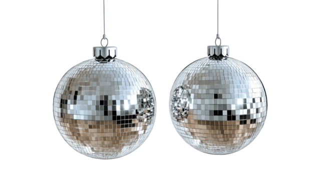 Two disco balls hanging isolated on transparent background