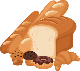 Cartoon bakery items, sliced bread, baguette, muffins, donut, croissant, baked goods variety, vector illustration, digital artwork, food concept