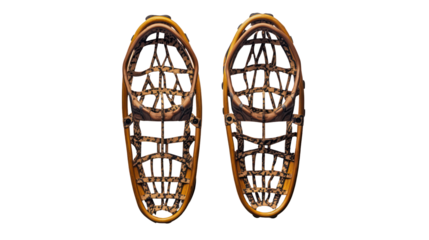 Pair of vintage wooden snowshoes isolated on transparent background