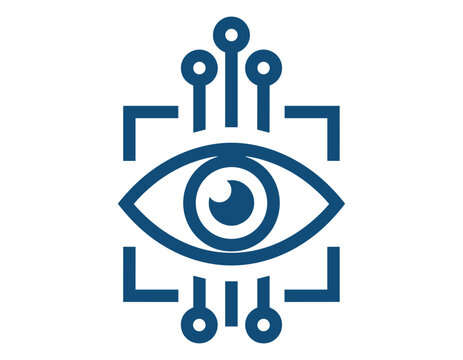 Digital eye icon with circuit board elements, representing vision technology