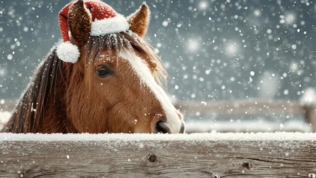 Cheerful horse wearing a Santa hat enjoys snowfall in a cozy farm scene during winter holiday season