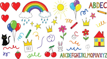 Cute HandDrawn Objects Rainbow, Heart, Cat, House, Crowns, Sun on White Background